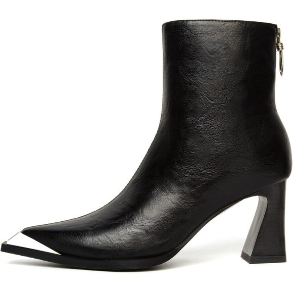 Women Black Metal Leather Side Zipper Chunky Block Heels Comfortable Fall Boots - Picture 5 of 6